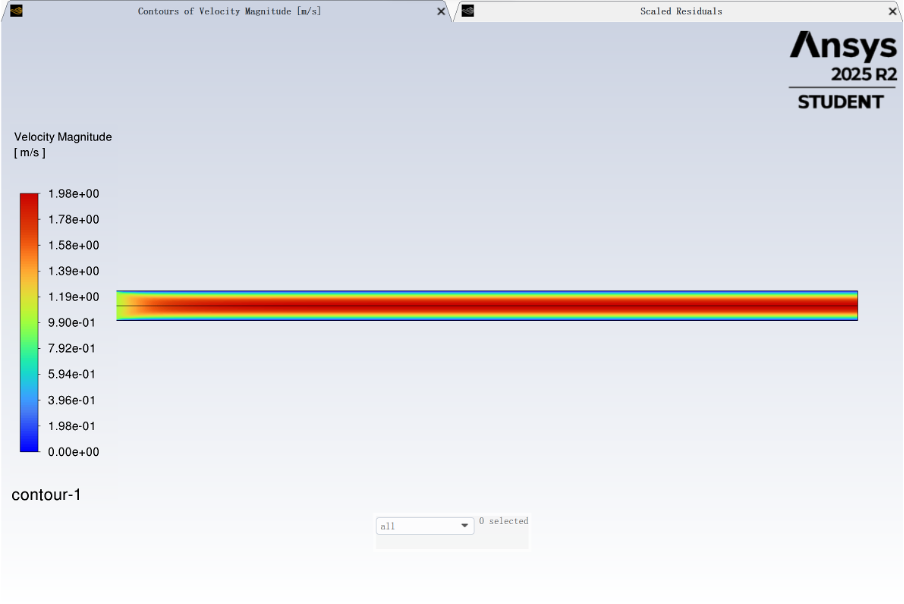 Contour of velocity developing from uniform inlet to parabolic profile in the pipe