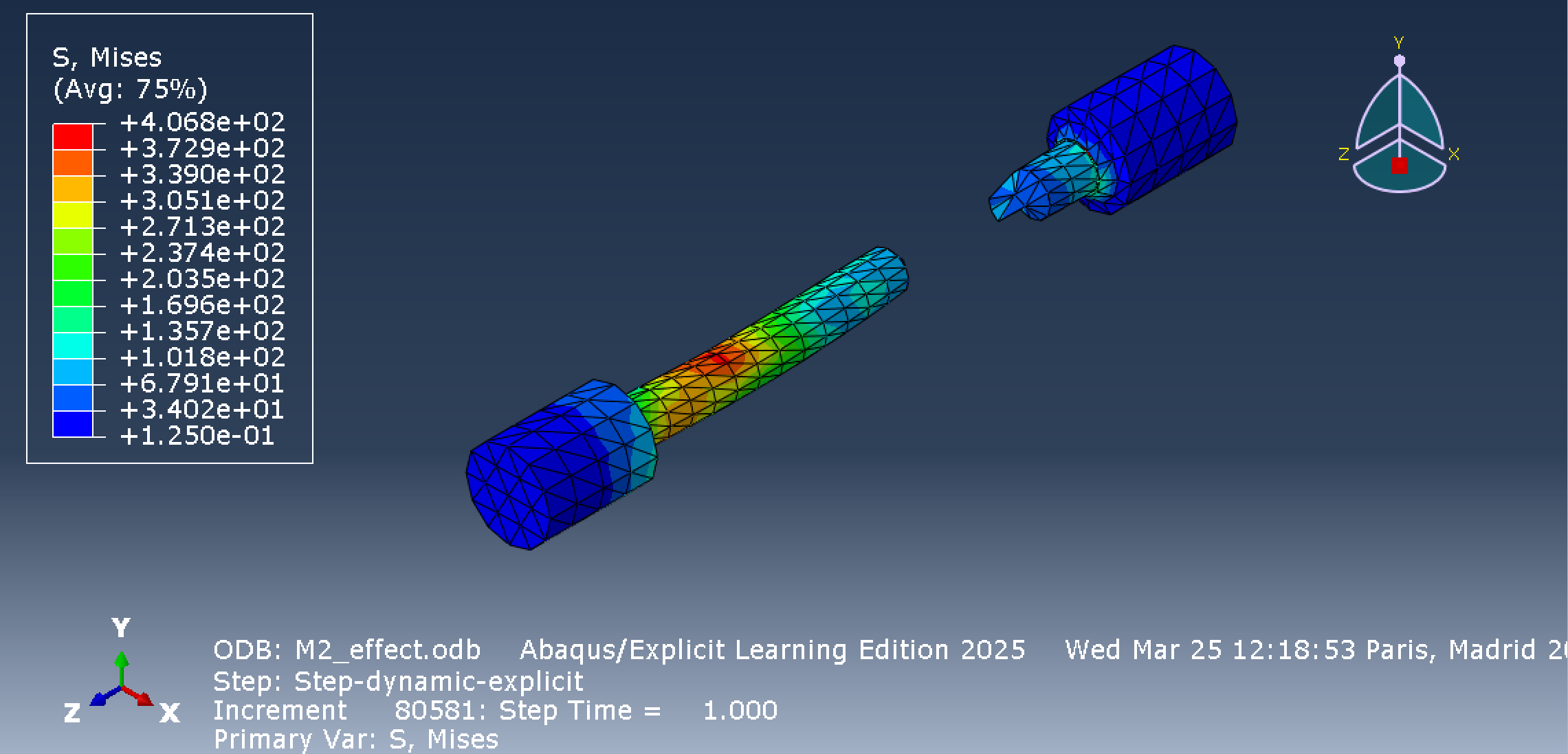 Abaqus M2 mesh necking, deformation, and Von Mises stress contour during fracture stage